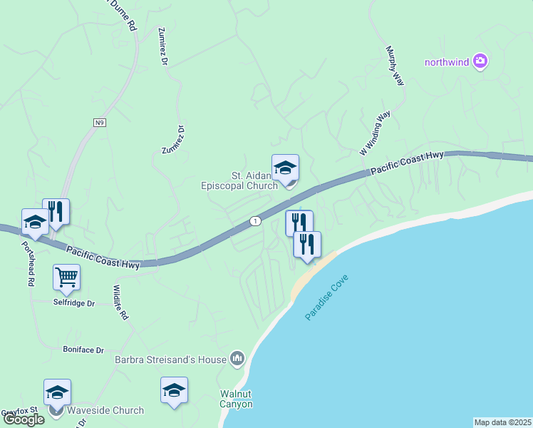 map of restaurants, bars, coffee shops, grocery stores, and more near 28401 California 1 in Malibu