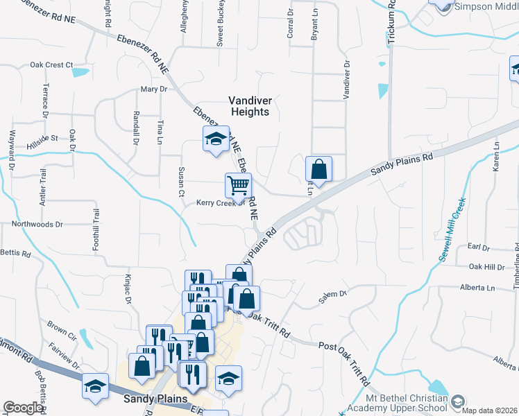 map of restaurants, bars, coffee shops, grocery stores, and more near 2932 Ebenezer Road Northeast in Marietta