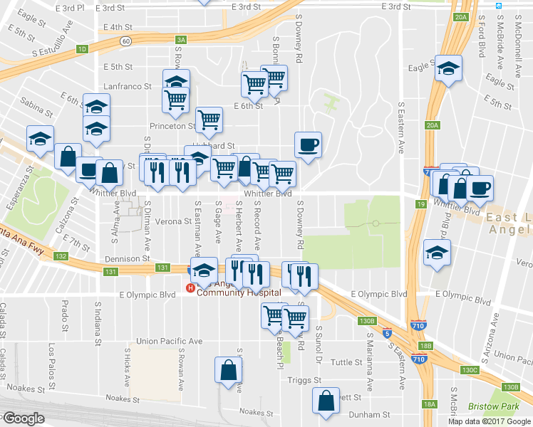 map of restaurants, bars, coffee shops, grocery stores, and more near 940 South Record Avenue in Los Angeles
