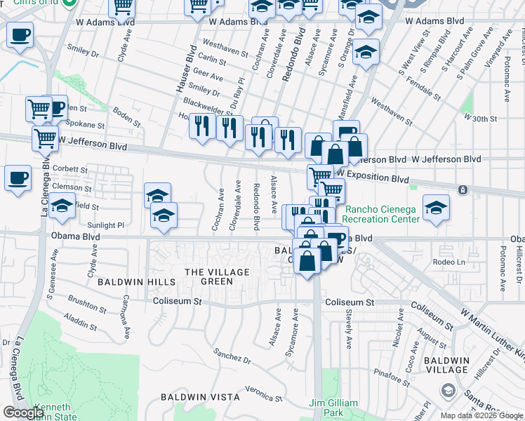 map of restaurants, bars, coffee shops, grocery stores, and more near 3512 South Redondo Boulevard in Los Angeles
