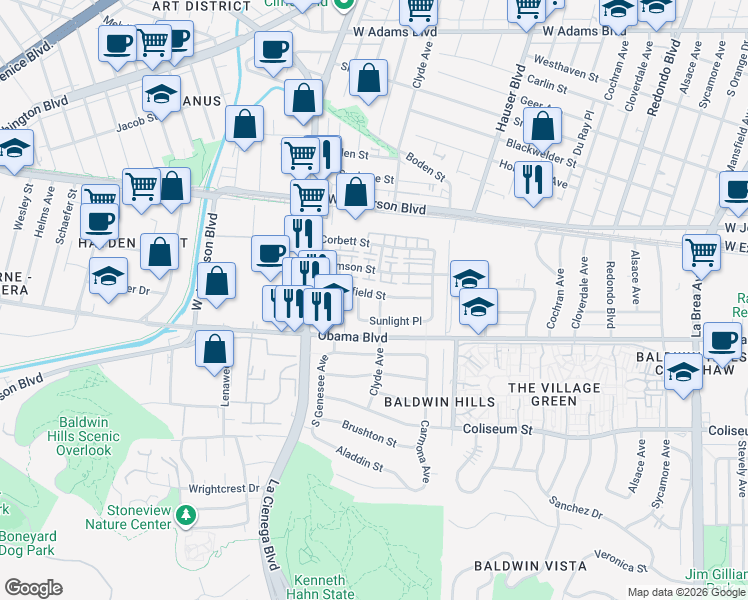 map of restaurants, bars, coffee shops, grocery stores, and more near 5702 Bowesfield Street in Los Angeles