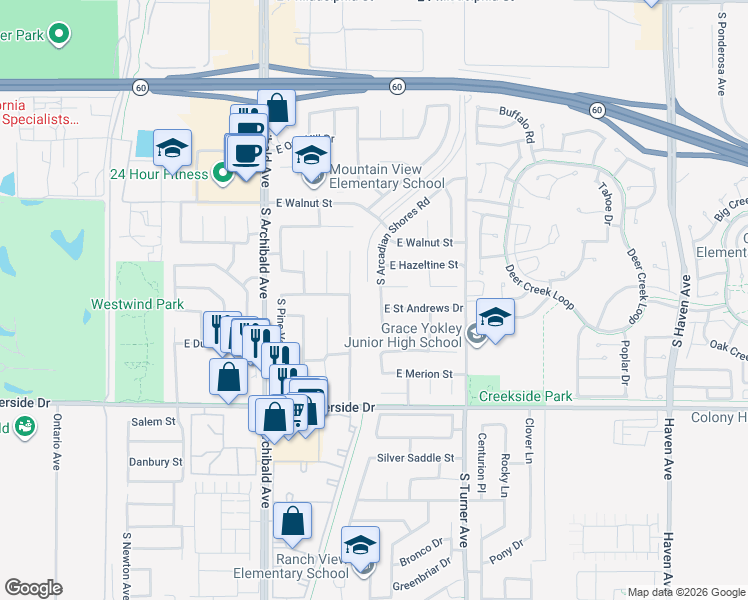 map of restaurants, bars, coffee shops, grocery stores, and more near 2912 East Brookside Court in Ontario