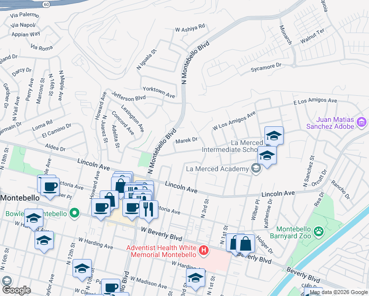 map of restaurants, bars, coffee shops, grocery stores, and more near 416 West Avenida De La Merced in Montebello