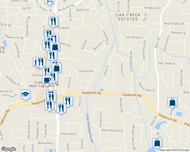 map of restaurants, bars, coffee shops, grocery stores, and more near 2944 Piedmont Drive in Marietta