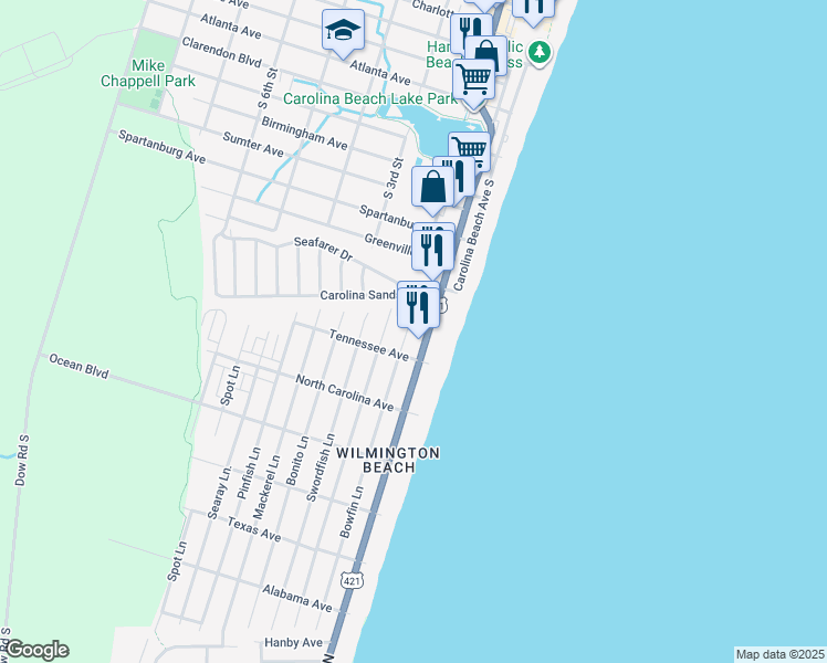 map of restaurants, bars, coffee shops, grocery stores, and more near 1116 Lake Park Boulevard South in Carolina Beach