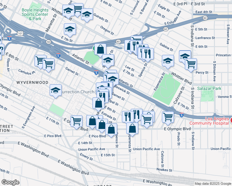 map of restaurants, bars, coffee shops, grocery stores, and more near 3423 Garnet Street in Los Angeles