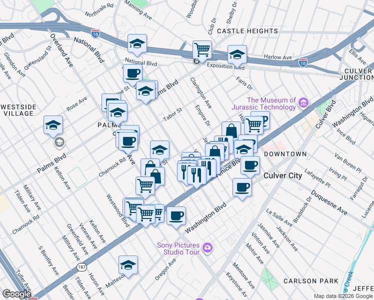 map of restaurants, bars, coffee shops, grocery stores, and more near 3690 Motor Avenue in Los Angeles