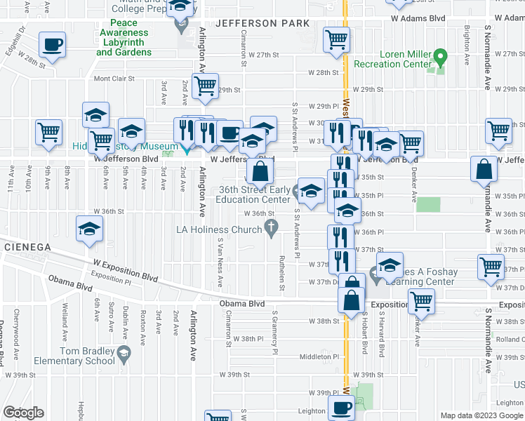 map of restaurants, bars, coffee shops, grocery stores, and more near 3571 South Gramercy Place in Los Angeles