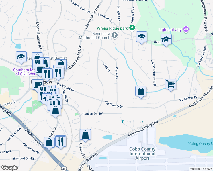 map of restaurants, bars, coffee shops, grocery stores, and more near 2848 Pine Hill Drive in Kennesaw