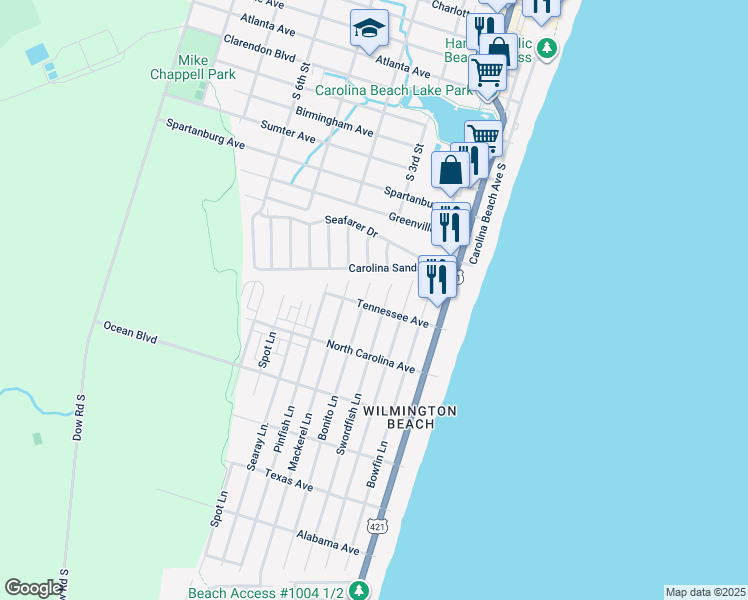 map of restaurants, bars, coffee shops, grocery stores, and more near 404 Tennessee Avenue in Carolina Beach