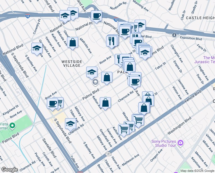 map of restaurants, bars, coffee shops, grocery stores, and more near 10810 Palms Boulevard in Los Angeles