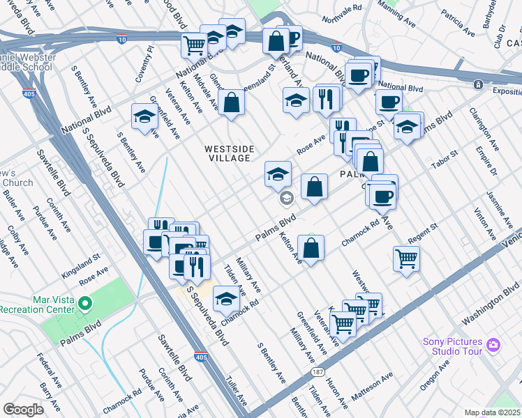 map of restaurants, bars, coffee shops, grocery stores, and more near 3447 Kelton Avenue in Los Angeles