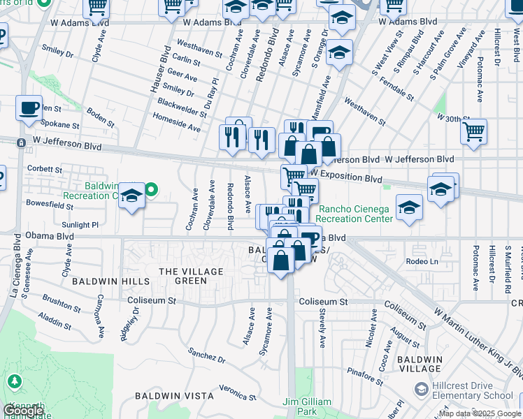 map of restaurants, bars, coffee shops, grocery stores, and more near 3513 South Sycamore Avenue in Los Angeles