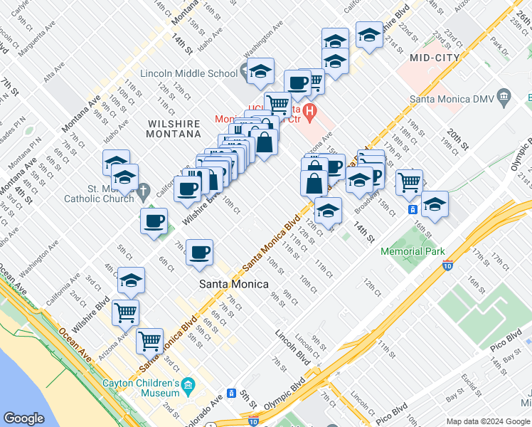 map of restaurants, bars, coffee shops, grocery stores, and more near 1319 11th Street in Santa Monica