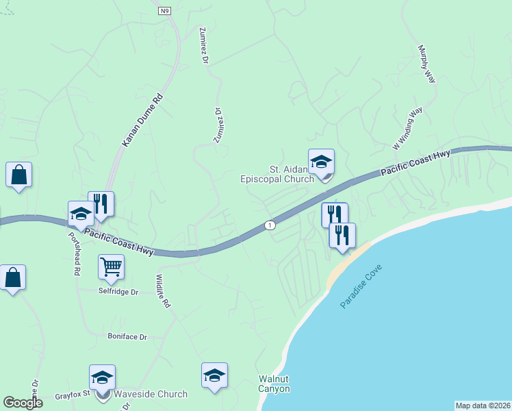map of restaurants, bars, coffee shops, grocery stores, and more near 28401 Pacific Coast Highway in Malibu