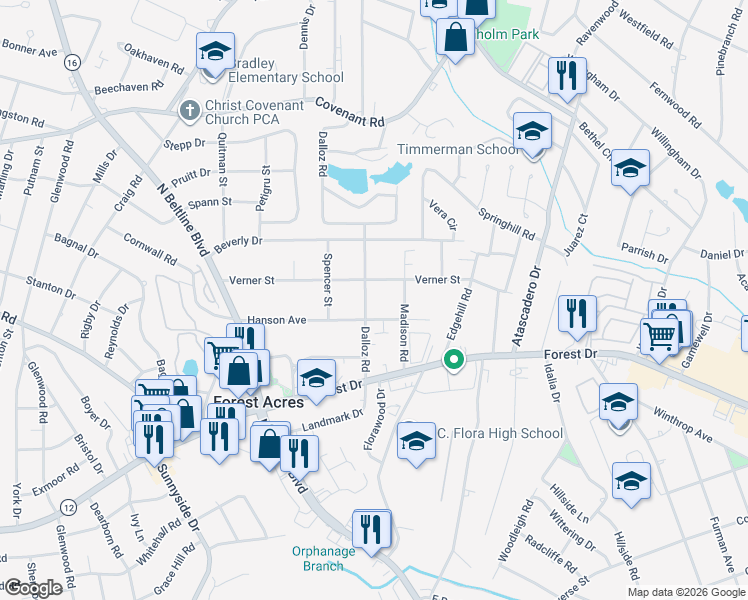 map of restaurants, bars, coffee shops, grocery stores, and more near 1808 Dalloz Road in Columbia