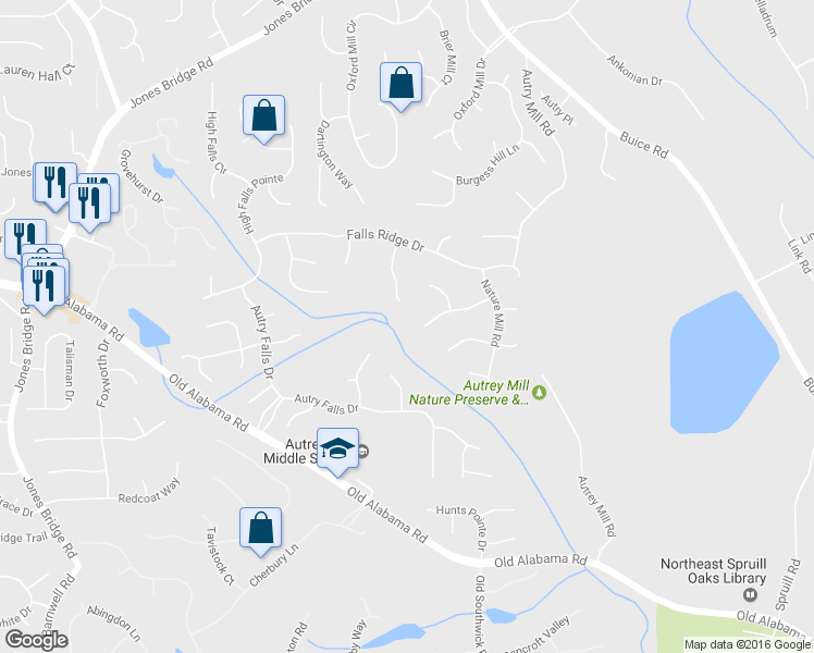 map of restaurants, bars, coffee shops, grocery stores, and more near 395 Falls Point Trail in Alpharetta