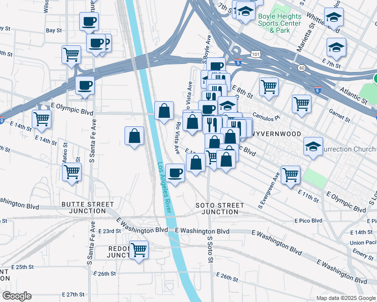map of restaurants, bars, coffee shops, grocery stores, and more near 2501-2699 E 12th St in Los Angeles