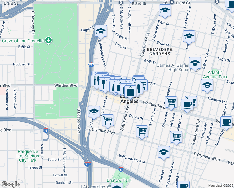 map of restaurants, bars, coffee shops, grocery stores, and more near 4571 1/2 Whittier Boulevard in East Los Angeles