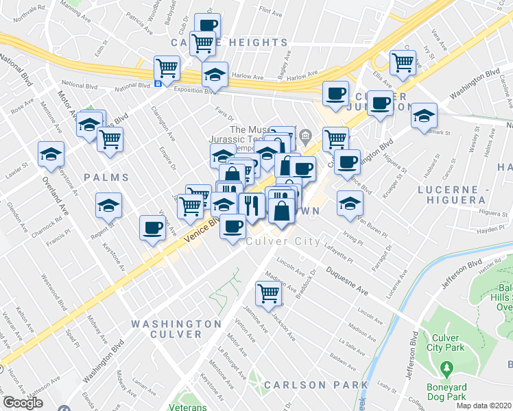 map of restaurants, bars, coffee shops, grocery stores, and more near 3824 Hughes Avenue in Culver City