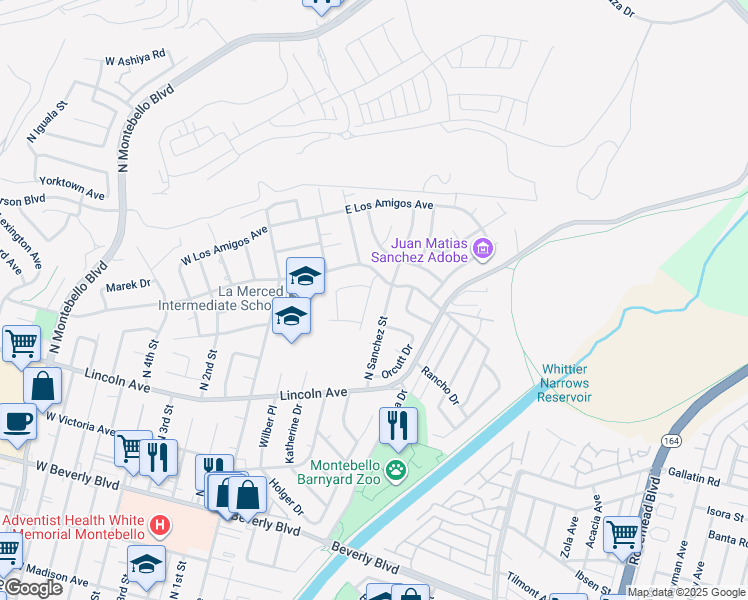 map of restaurants, bars, coffee shops, grocery stores, and more near 821 North Sanchez Street in Montebello