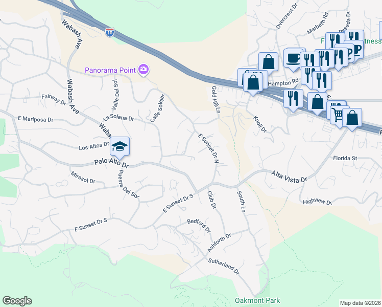 map of restaurants, bars, coffee shops, grocery stores, and more near 12693 Valley View Ln in Redlands