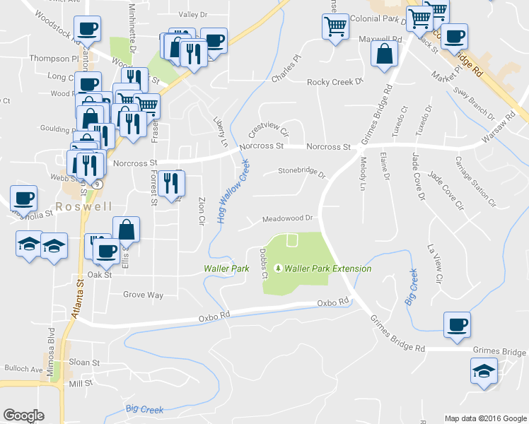 map of restaurants, bars, coffee shops, grocery stores, and more near 310 Meadowood Drive in Roswell