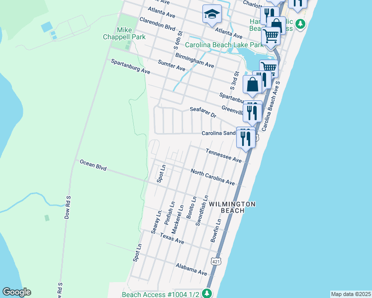 map of restaurants, bars, coffee shops, grocery stores, and more near 1220 Pinfish Lane in Carolina Beach