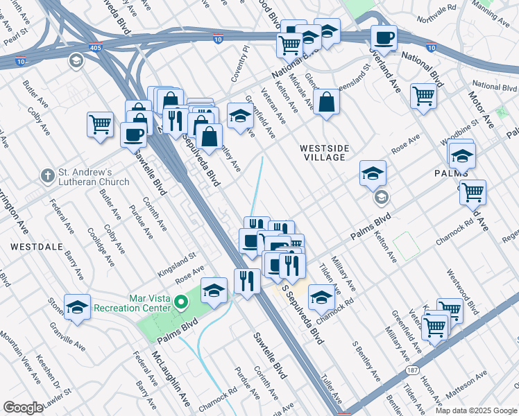 map of restaurants, bars, coffee shops, grocery stores, and more near 3311 South Bentley Avenue in Los Angeles