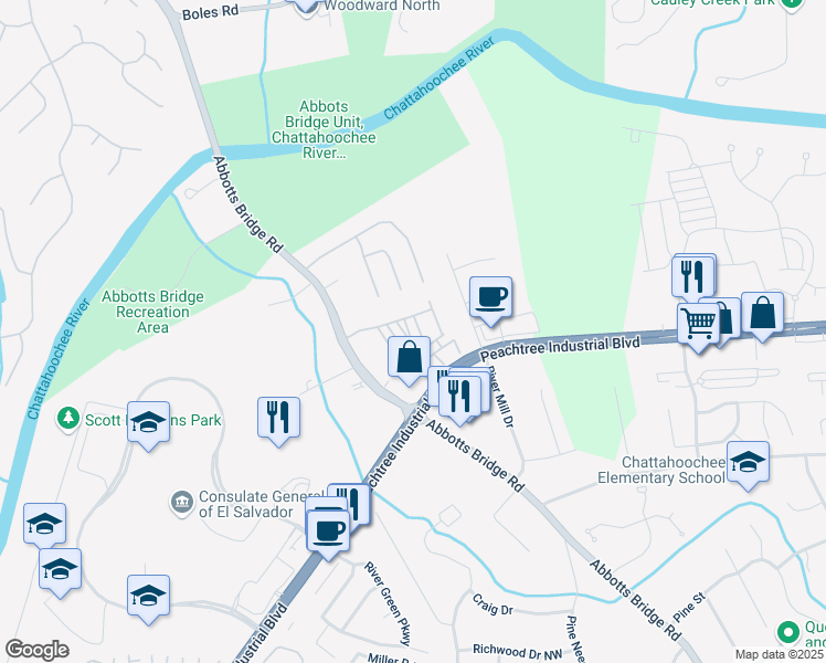 map of restaurants, bars, coffee shops, grocery stores, and more near 4372 Ainsley Mill Lane in Duluth