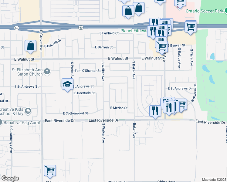map of restaurants, bars, coffee shops, grocery stores, and more near 2808 South Cascades Trail in Ontario