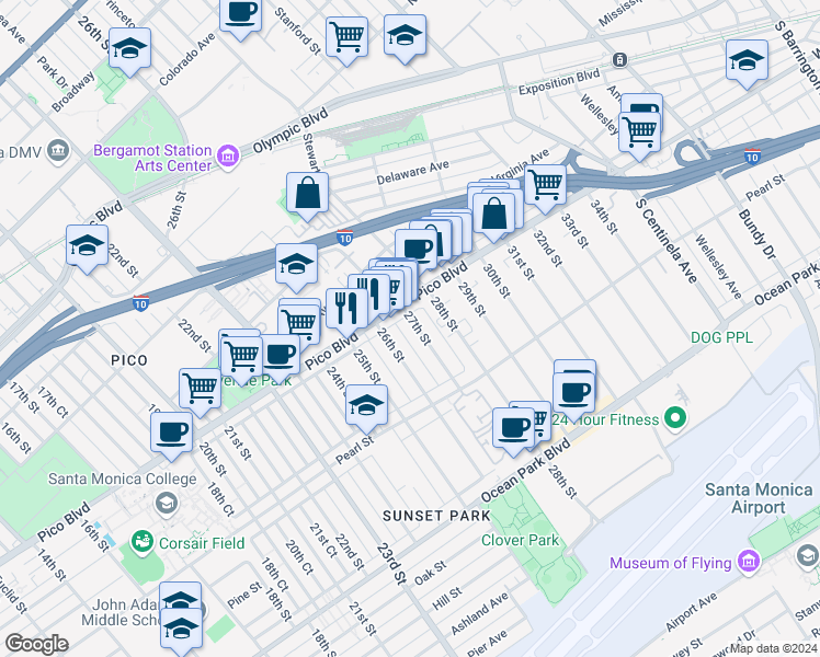 map of restaurants, bars, coffee shops, grocery stores, and more near 2244 27th Street in Santa Monica