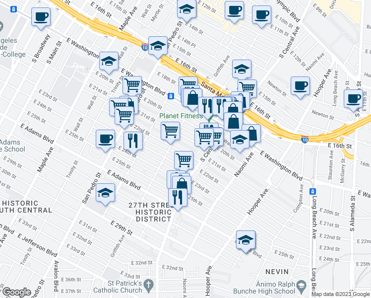 map of restaurants, bars, coffee shops, grocery stores, and more near 1151 East 22nd Street in Los Angeles