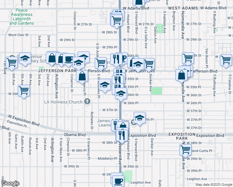 map of restaurants, bars, coffee shops, grocery stores, and more near 1717 West 36th Street in Los Angeles