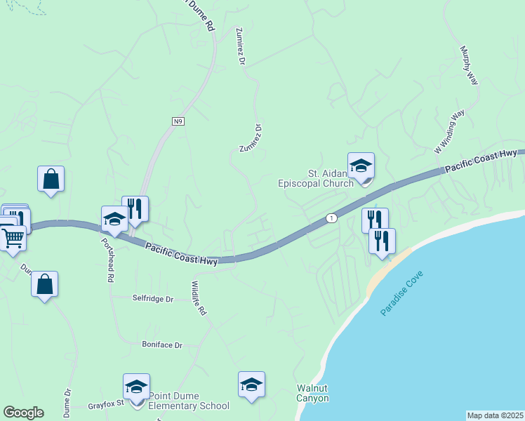 map of restaurants, bars, coffee shops, grocery stores, and more near 6463 Zuma View Place in Malibu