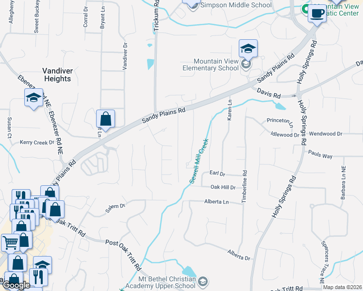 map of restaurants, bars, coffee shops, grocery stores, and more near 2990 Walker Drive in Marietta