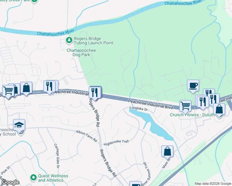 map of restaurants, bars, coffee shops, grocery stores, and more near 4255 Prince Charles Drive in Duluth