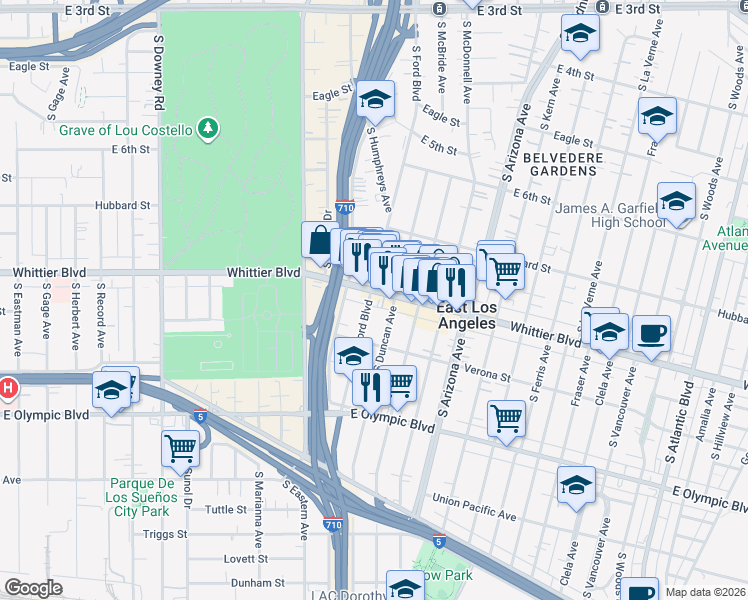 map of restaurants, bars, coffee shops, grocery stores, and more near 4510 Whittier Boulevard in East Los Angeles