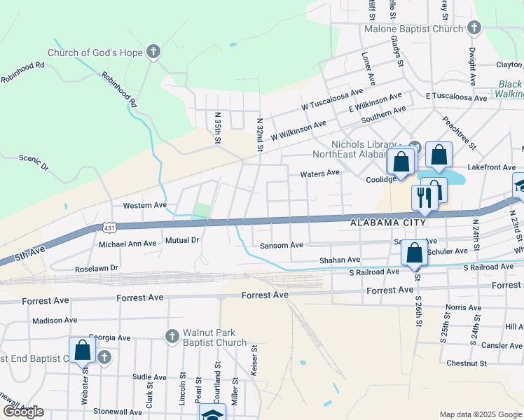 map of restaurants, bars, coffee shops, grocery stores, and more near 414 North 31st Street in Gadsden