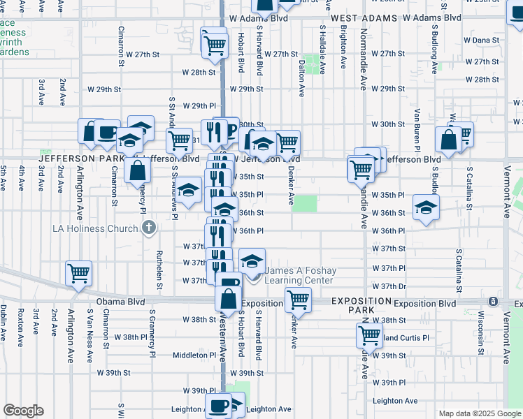 map of restaurants, bars, coffee shops, grocery stores, and more near 1615 West 36th Street in Los Angeles