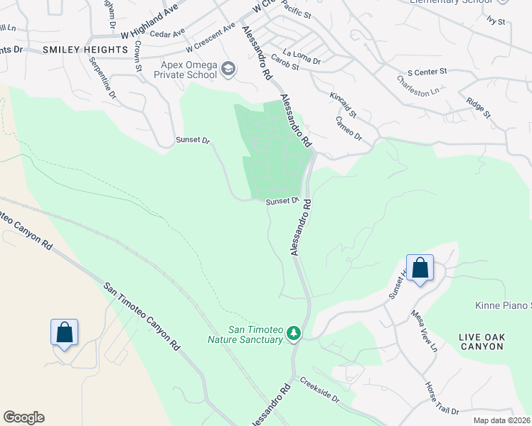 map of restaurants, bars, coffee shops, grocery stores, and more near 1607 Smiley Ridge in Redlands