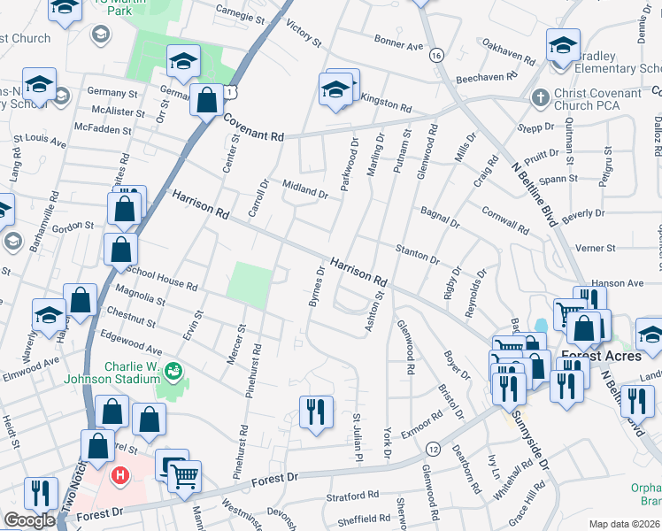 map of restaurants, bars, coffee shops, grocery stores, and more near 2711 Harrison Road in Columbia