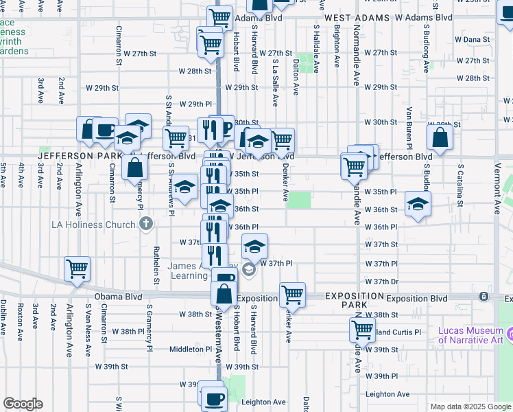 map of restaurants, bars, coffee shops, grocery stores, and more near 1615 West 36th Street in Los Angeles