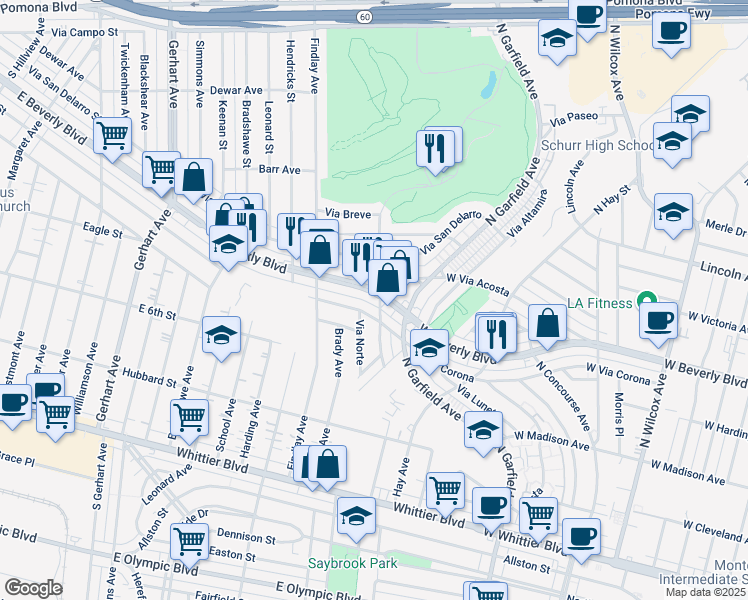 map of restaurants, bars, coffee shops, grocery stores, and more near 3001 West Beverly Boulevard in Montebello