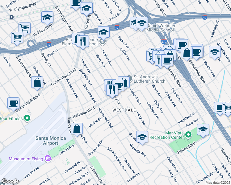 map of restaurants, bars, coffee shops, grocery stores, and more near 11691 National Boulevard in Los Angeles