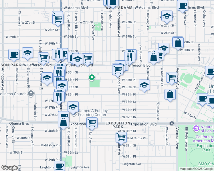 map of restaurants, bars, coffee shops, grocery stores, and more near 1461 West 36th Street in Los Angeles