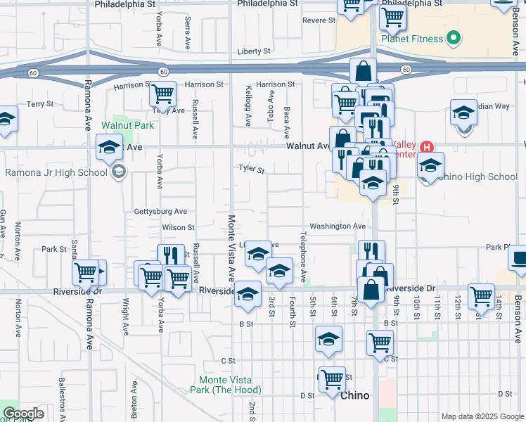 map of restaurants, bars, coffee shops, grocery stores, and more near 12686 3rd Street in Chino
