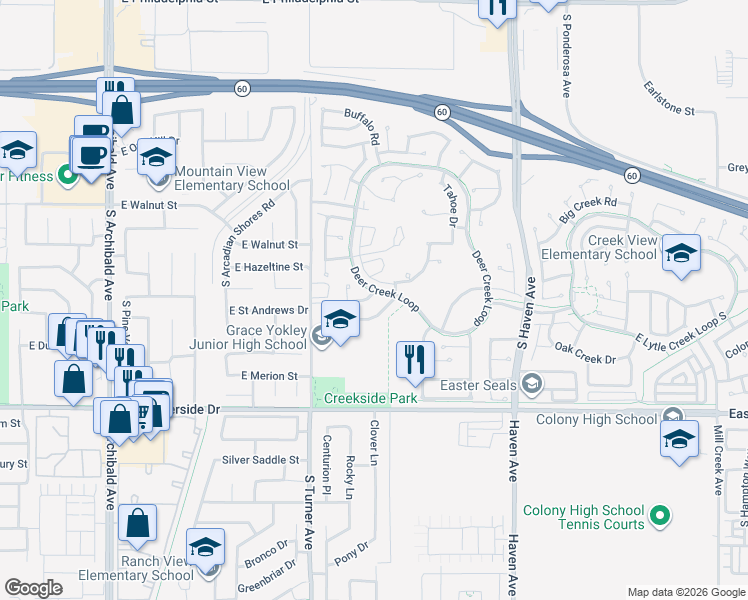 map of restaurants, bars, coffee shops, grocery stores, and more near 3206 Parkglen Way in Ontario