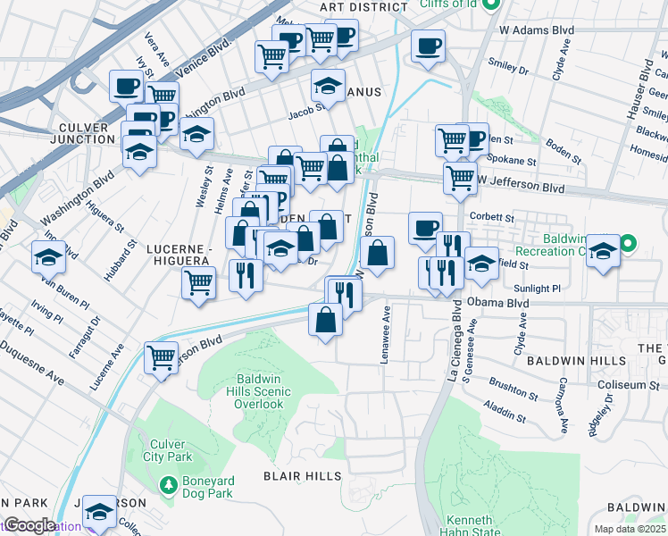 map of restaurants, bars, coffee shops, grocery stores, and more near 3677 Eastham Dr in Culver City
