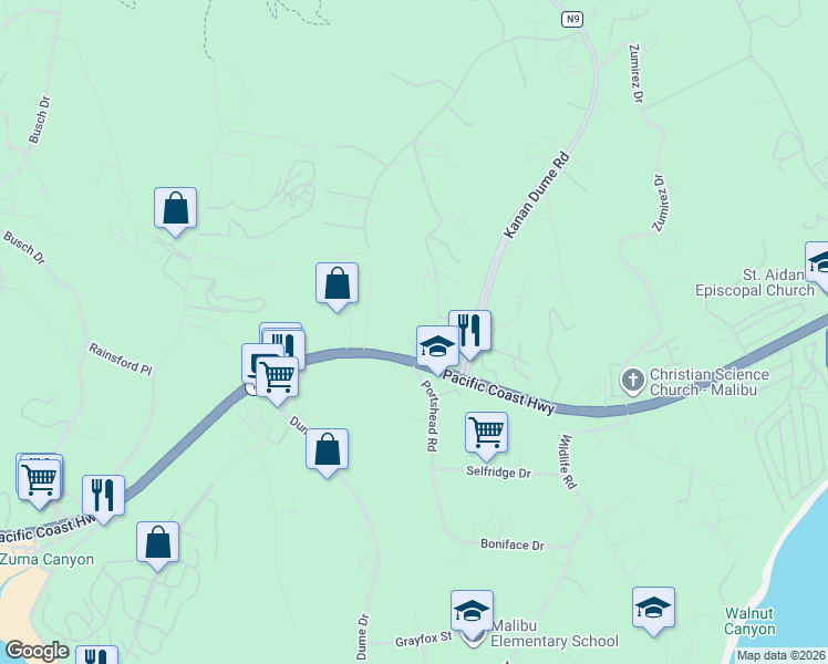 map of restaurants, bars, coffee shops, grocery stores, and more near 6489 Cavalleri Road in Malibu